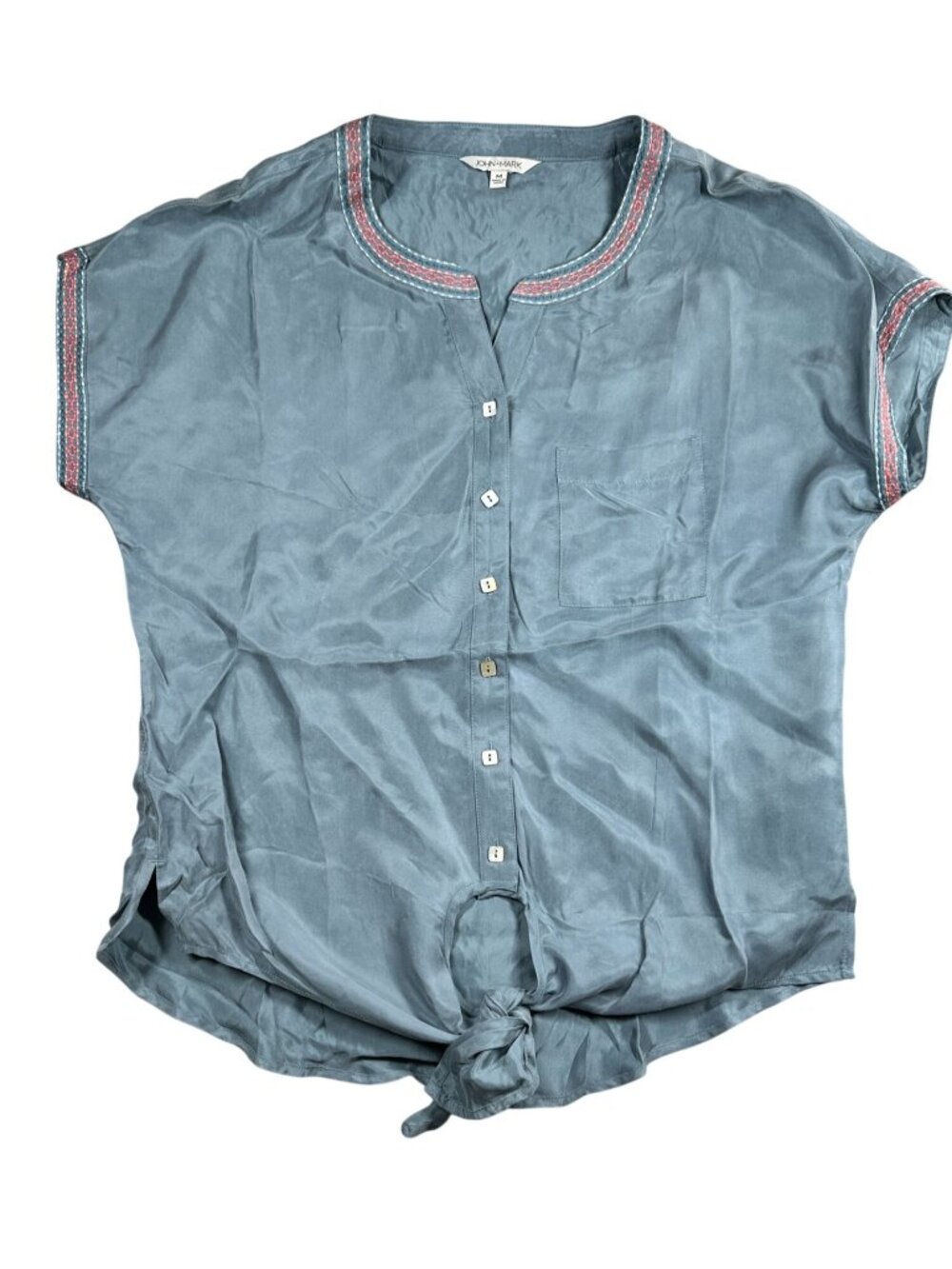 John Mark Blouse Size M Blue Button Down Embroidered Trim Short Sleeve Rayon